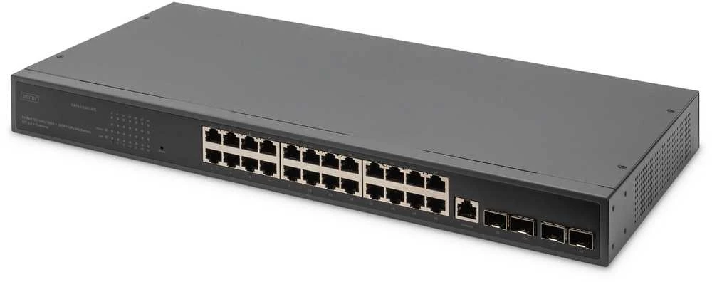Šakotuvas Switch Digitus 24-portowy Gigabit 4x SFP Uplink L2 Rack 19 cali Juodas (DN-80223)