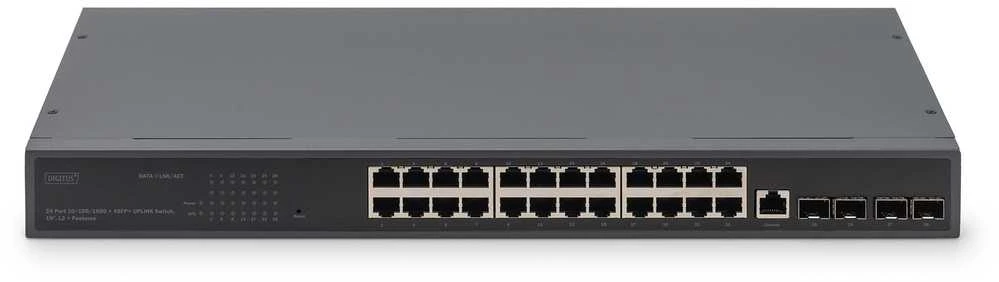 Šakotuvas Switch Digitus 24-portowy Gigabit 4x SFP Uplink L2 Rack 19 cali Juodas (DN-80223)