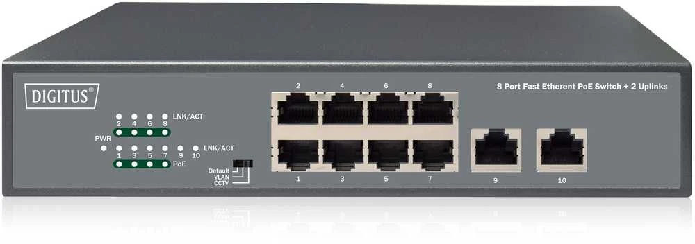 Šakotuvas Digitus 8 prievadų Fast Ethernet PoE jungiklis + 2 prievadų Uplink DN-95323-1 10/100 Mbps (RJ-45), nevaldomas, stalinis, maitinimo tipas vidinis, eterneto LAN (RJ-45) jungtys 8