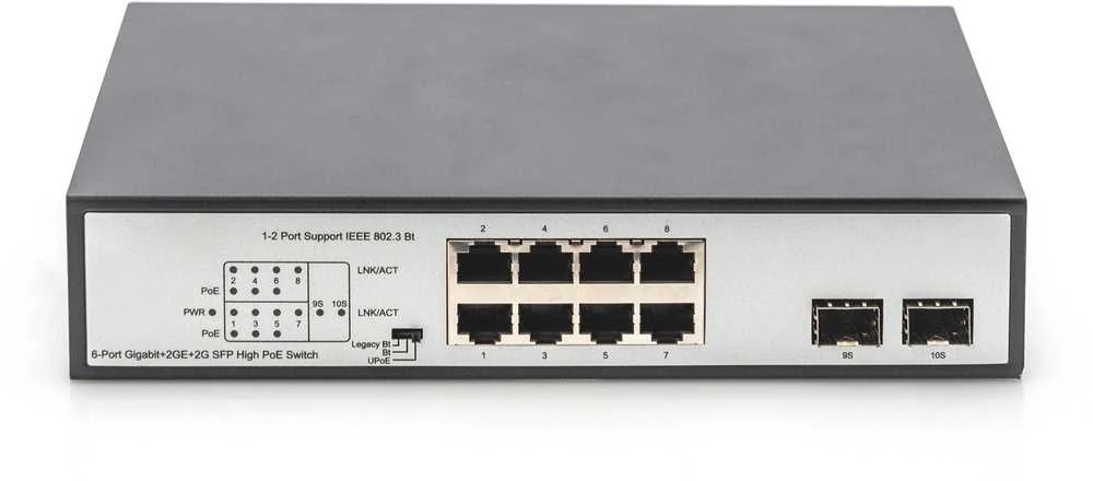 Šakotuvas Assmann Electronic DIGITUS 8 Port Gigabit Switch 8xRJ45 6xPoE + 2G SFP 180W 802.3 af/at/bt standarto palaikymas