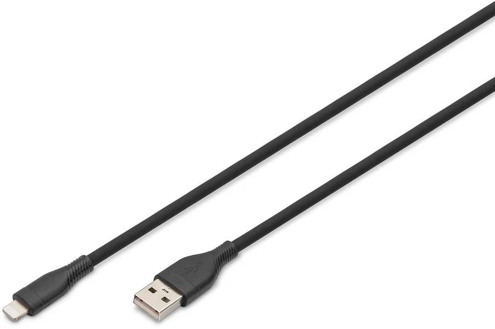 Digitus DIGIT USB silikoninis įkrovimo laidas, USB-A - Lightning 1m, USB 2.0, 12W, juodas