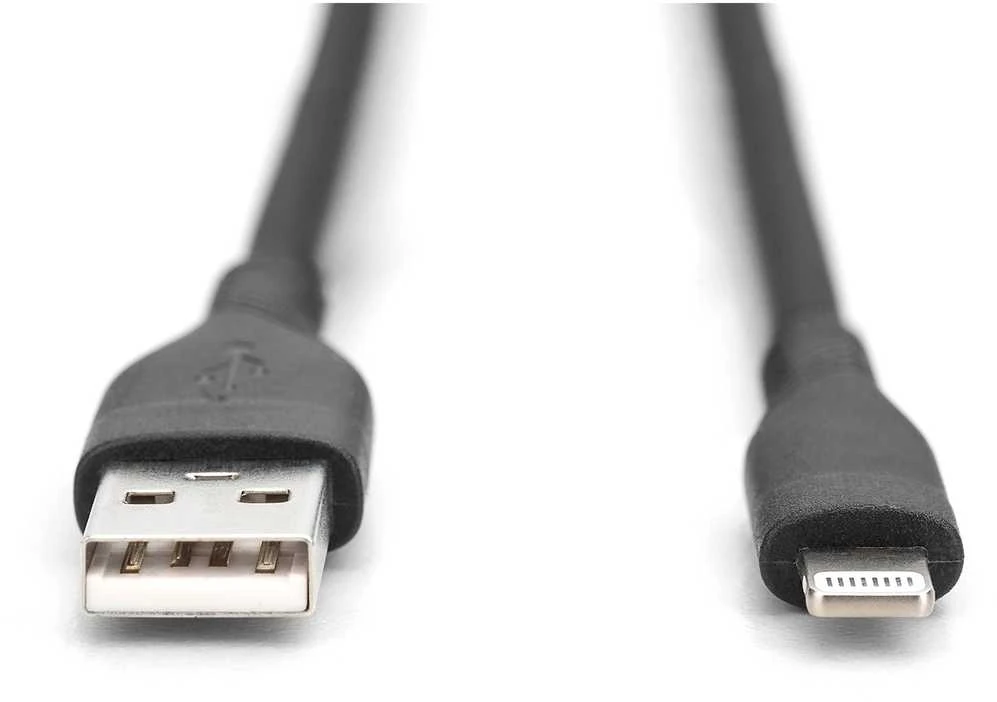 Digitus DIGIT USB silikoninis įkrovimo laidas, USB-A - Lightning 1m, USB 2.0, 12W, juodas