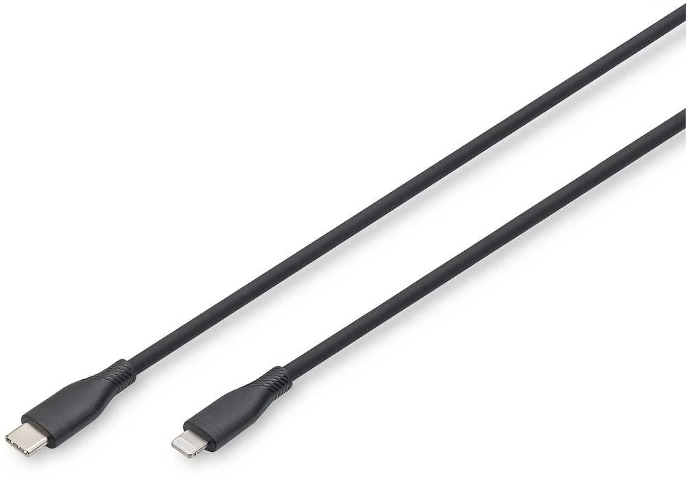 Digitus DIGIT USB silikoninis įkrovimo laidas, USB-C - Lightning 0,5m, USB 2.0, 60W, juodas