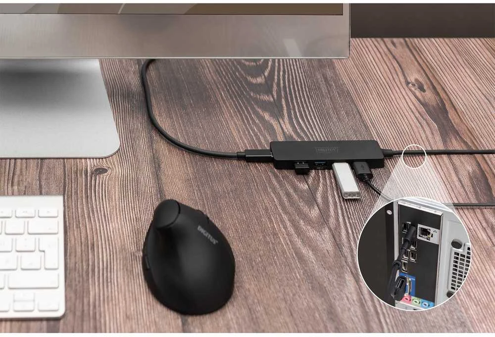 „Digitus Hub“ USB 3.0/4 prievadų „SlimLine USB A Hub“ + USB-C adapteris 1,2 m 5 Gbps, USB-C maitinimo jungtis
