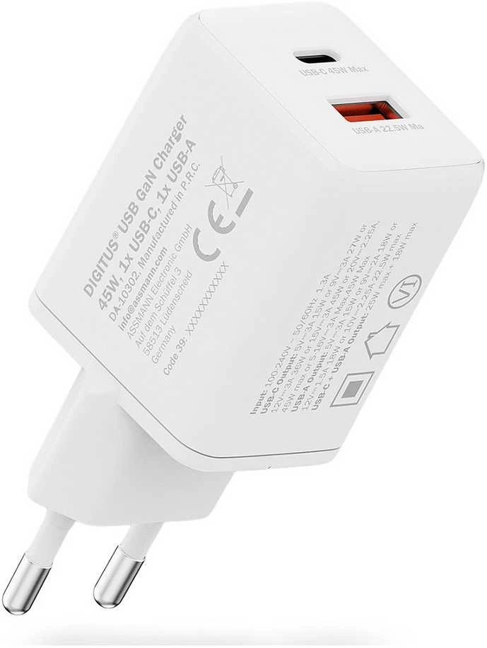 Digitus | USB GaN Charger 45W, 1x USB-C, 1x USB-A | DA-10302