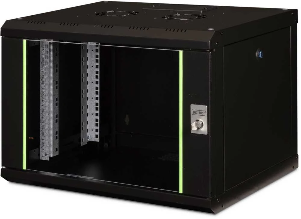 Digitus | Prie sienos tvirtinama spintelė | DN-19 07-U-SW | IP apsaugos klasė: IP20; Priekinės durys: Stiklinės durys, vienos pusės atidaromos; Spintelės tipas: Prie sienos tvirtinama spintelė; Įrangos montavimo gylis min.-maks.: 305-370 mm; Keliamoji galia: 100 kg; Matmenys 420 x 600 x 450 mm, | Juodas