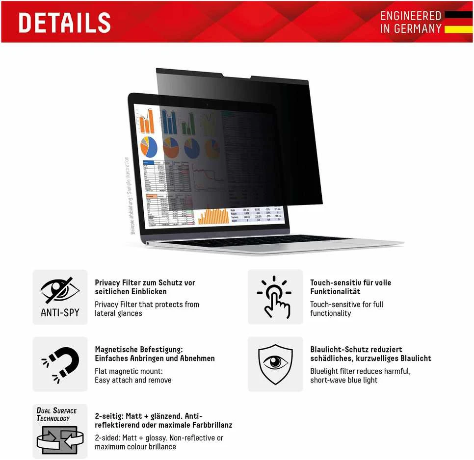 DISPLEX Privacy Safe privatumo filtras skirtas MacBook Pro 14.2", neatspindintis mėlynos šviesos filtras, magnetinis priedas