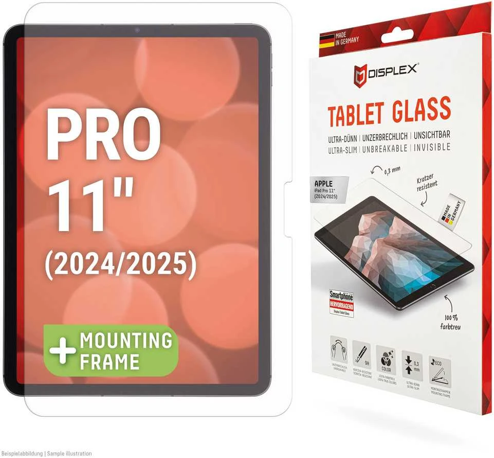 Displex planšetinio kompiuterio stiklas (9H), skirtas „Apple iPad Pro 11" (2025/2024), ekologiškas tvirtinimo rėmelis, nedūžtantis, itin plonas, nematomas, skaidri ekrano apsauga, 27,9 cm (11"), 9H, 1 vnt.