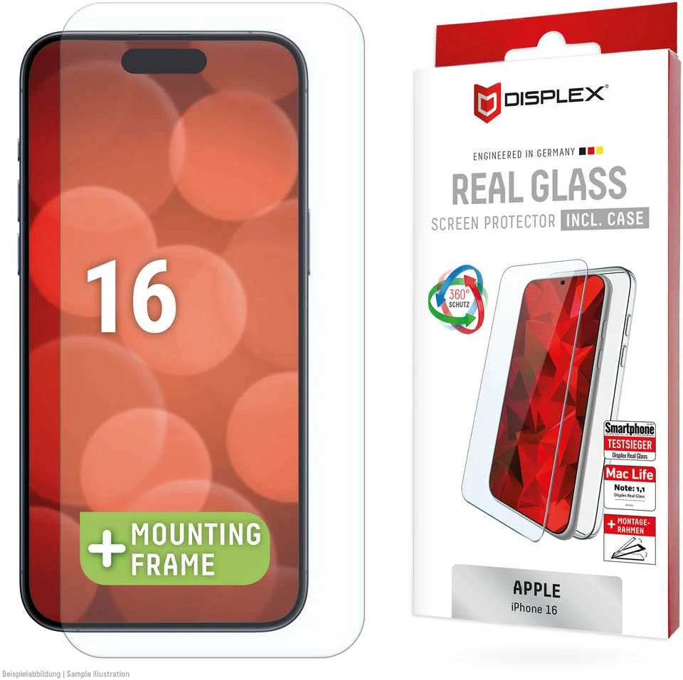 Apple iPhone 16 tikras ekrano stiklas + dėklas, pagamintas „Displex“, skaidrus