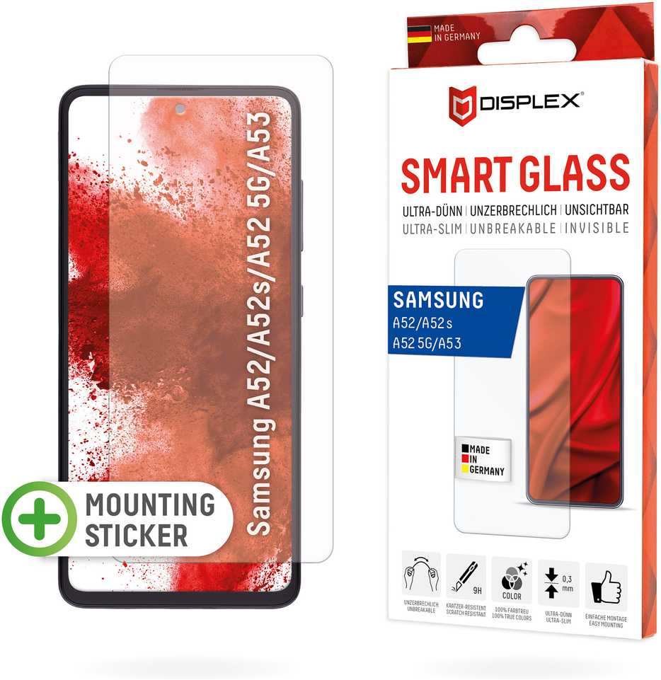 Displex Išmanusis stiklas (9H), skirtas „Samsung Galaxy A52/A52(s) 5G/A53 5G“, tvirtinimo lipdukas, nedūžtantis, itin plonas, nematomas, „Samsung“, A52/A52s/A53, sausas klijavimas, atsparus smūgiams, atsparus įbrėžimams, atsparus dulkėms, permatomas, 1 vnt.