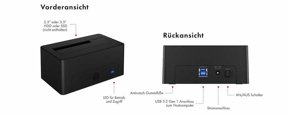 Icy Box Raidsonic | Ledinė dėžė | IB-1121-U3 prijungimo stotis, skirta 1x 2,5"/3,5" SATA I/II/III, USB 3.2 Gen 1, maitinimo šaltinis