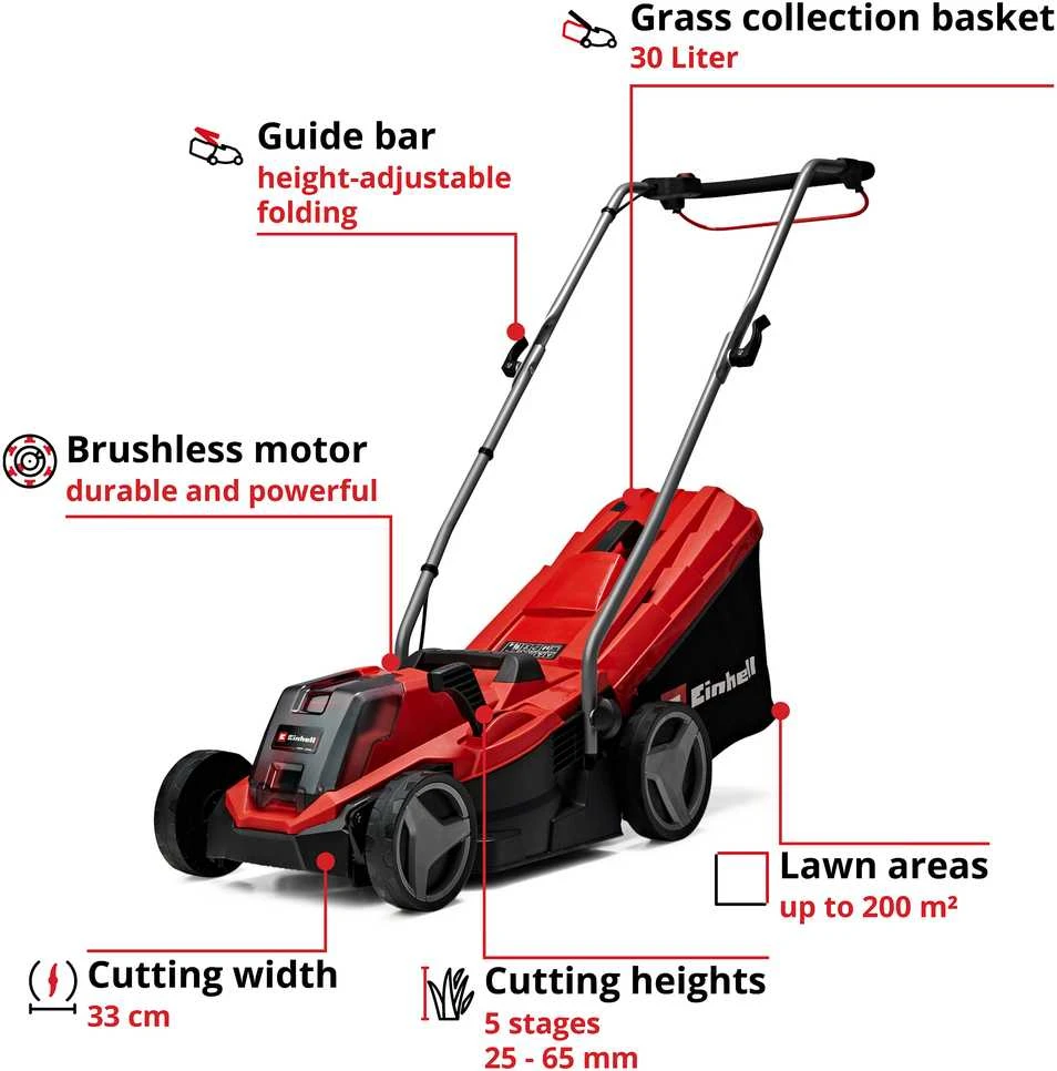 Einhell vejapjovė su akumuliatoriumi, 33 cm pjovimo plotis, 4,0 Ah baterija, automatinis valdymas