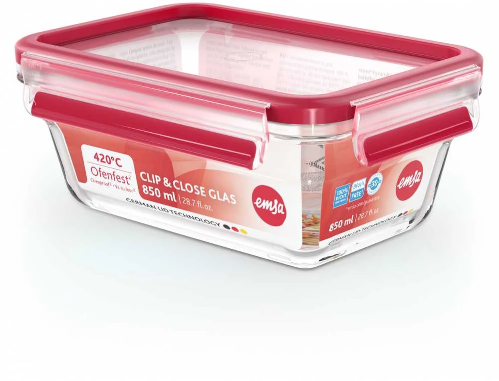 Emsa Emsa Clip&Close Glass Food Container 850 ml raudona