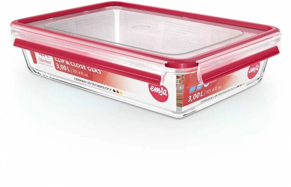 Emsa Clip&Close stiklinis maisto konteineris 3 L raudonas