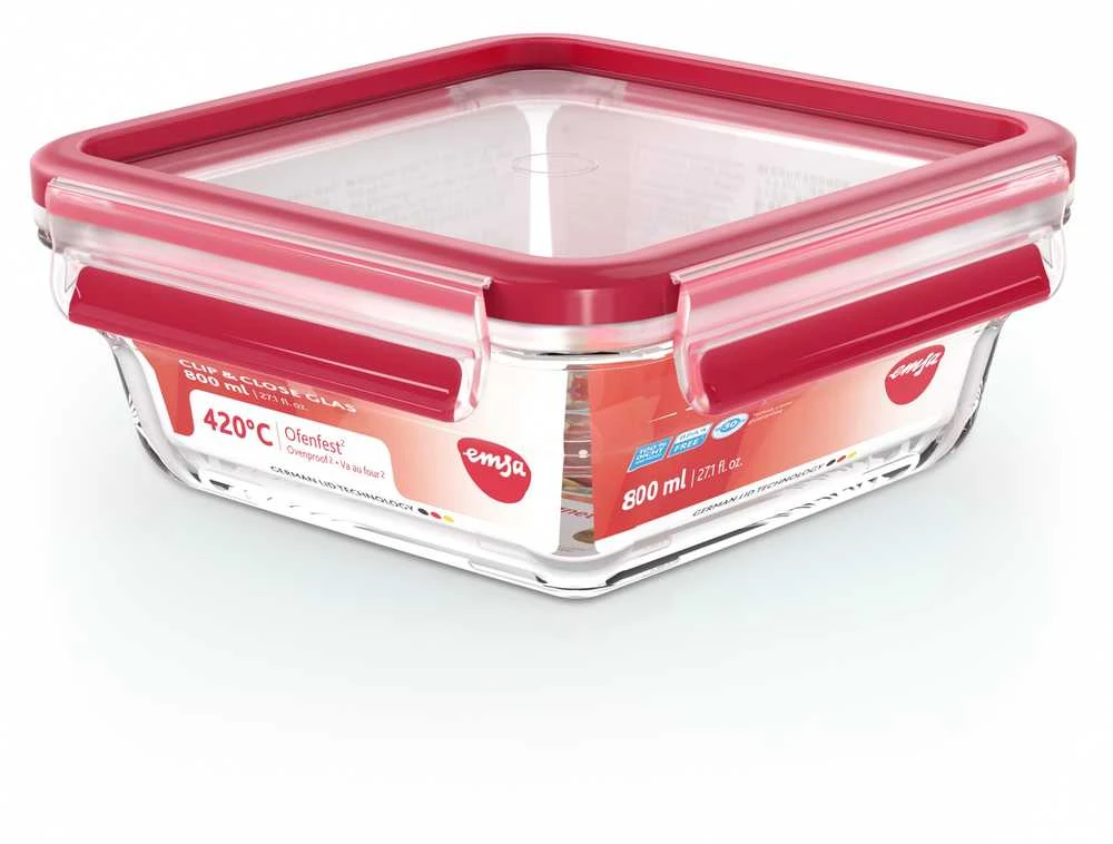 Emsa Clip&Close stiklinis maisto konteineris 0,8 L raudonas
