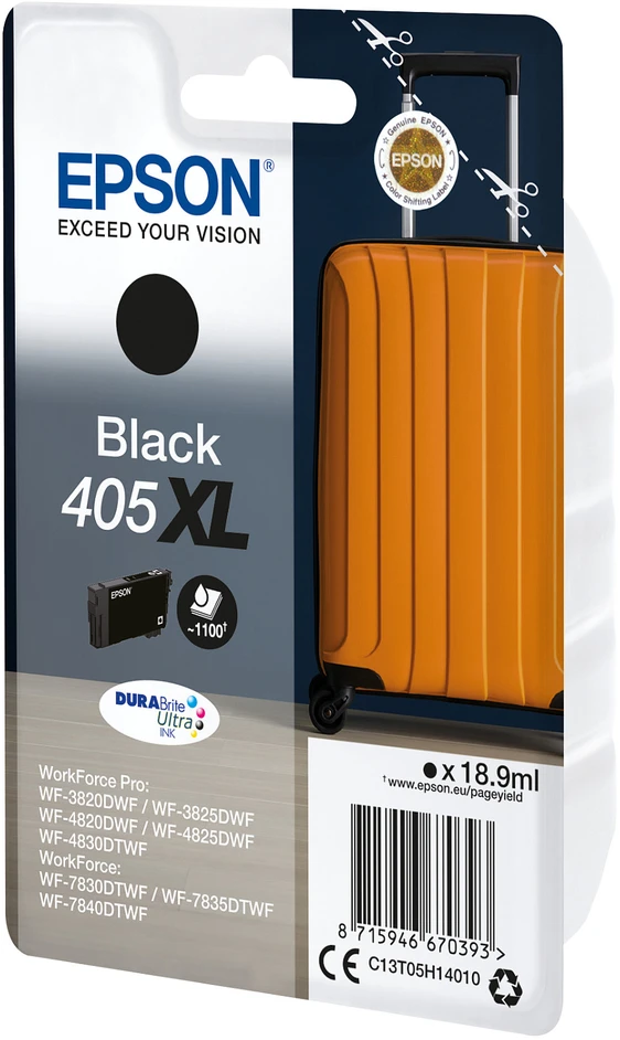 Tusz Epson Epson 405XL - 18,9 ml - XL - juoda - originali - lizdinė plokštelė su RF / akustiniu signalizacijos signalu - rašalo kasetė - skirta „WorkForce WF-7310, 7830, 7835, 7840“, „WorkForce Pro WF-3820, 3825, 4820, 4825, 4830“