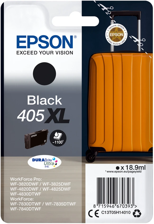 Tusz Epson Epson 405XL - 18,9 ml - XL - juoda - originali - lizdinė plokštelė su RF / akustiniu signalizacijos signalu - rašalo kasetė - skirta „WorkForce WF-7310, 7830, 7835, 7840“, „WorkForce Pro WF-3820, 3825, 4820, 4825, 4830“