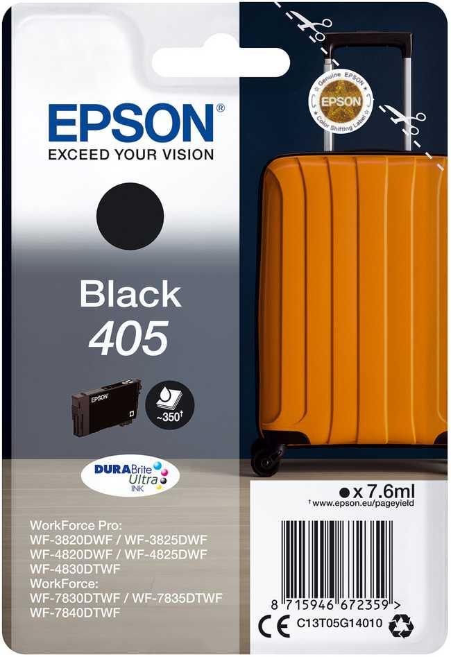 Tusz Epson 405 – 7,6 ml – juoda – originali – lizdinė pakuotė su RF / akustiniu aliarmu – rašalo kasetė – skirta „WorkForce WF-7310, 7830, 7835, 7840“, „WorkForce Pro WF-3820, 3825, 4820, 4825, 4830“