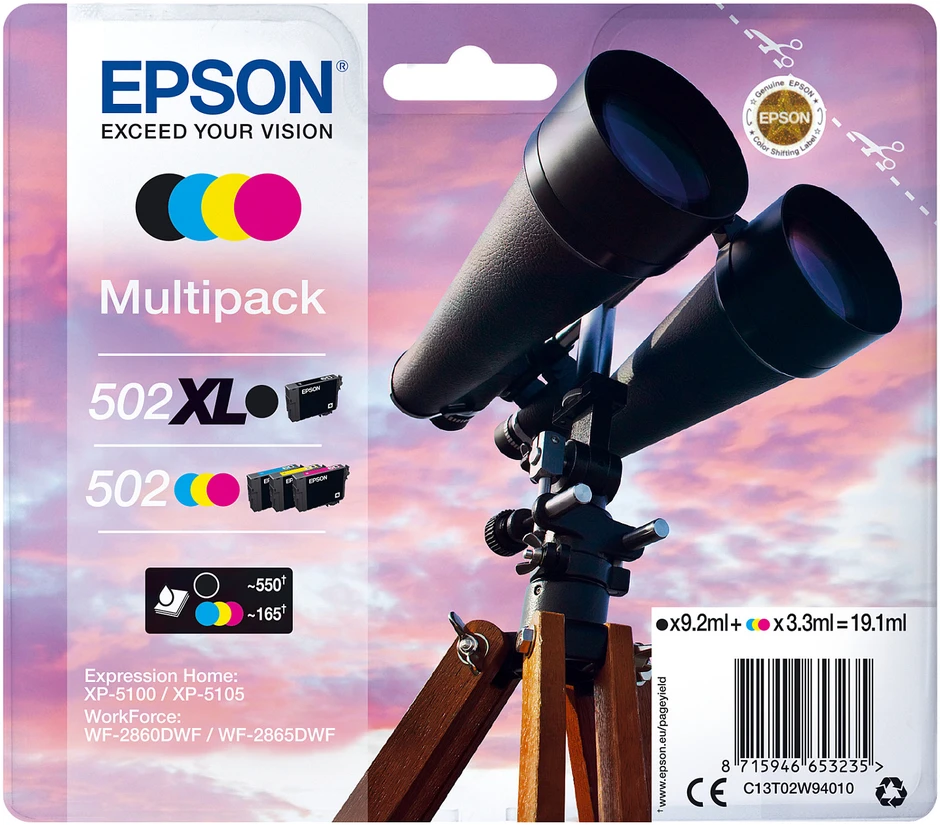 Epson rašalo kasetė 502/502XL Multipack – 4 vnt. pakuotė – 19,1 ml – juoda, geltona, žydra, rausvai raudona – originali – lizdinė pakuotė – tinti patronai – skirti „Expression Home XP-5100“, „XP-5150“, „WorkForce WF-2860“, „WF-2865DWF“, „WF-2880DWF“, „WF-2885DWF“ spausdintuvams