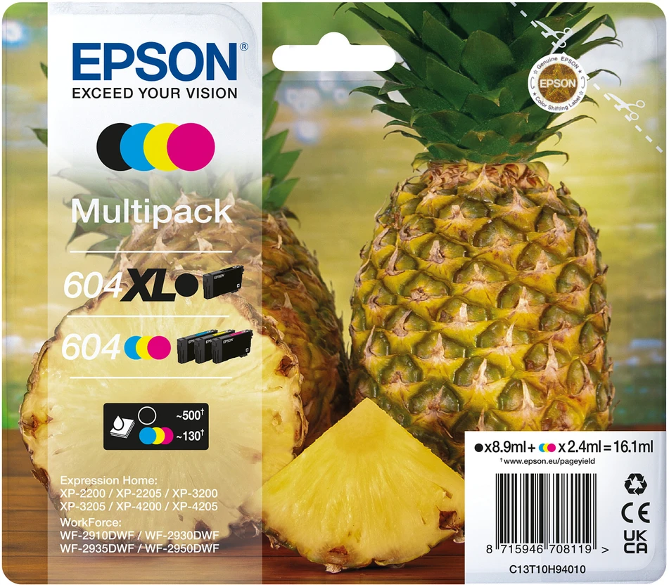 Tusz Epson 604/604XL Multipack - 4er-Pack - XL (Juodas) + Standard-Kapazitat - Juodas, Geltona, Cyan, Magenta - original - Blister mit RF- / akustischem Alarmsignal - Tintenpatrone - fur Expression Home XP-2200, 2205, 3200, 3205, 4200, 4205, WorkForce WF-2