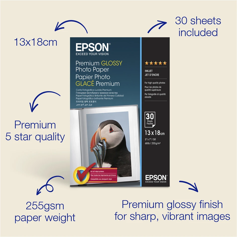„Epson Premium“ blizgus fotopopierius, 130 x 180 mm, 255 g/m², 30 lapų