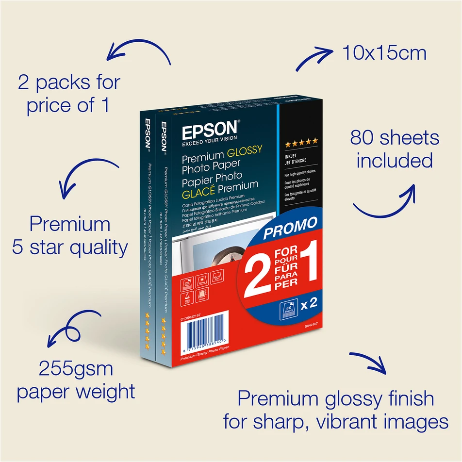 „Epson Premium“ blizgus fotopopierius | Aukščiausios kokybės blizgus fotopopierius | 255 g/m² | 100 x 150 mm | 10 x 15