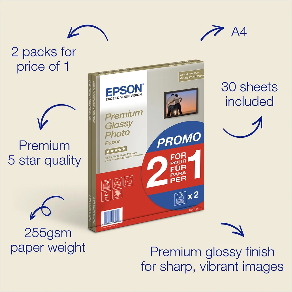 „Epson Premium Glossy Photo Paper“, 30 lapų | Nuotraukos | Baltas | 255 g/m² | A4