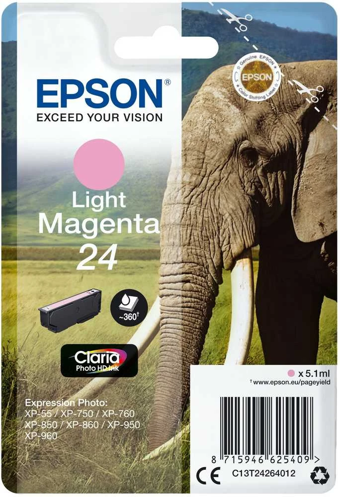 Epson Elephant Singlepack Light Magenta 24 Claria Photo HD rašalas - Originalus - Pigmentinis rašalas - Šviesiai purpurinis - Epson - - Expression Photo XP-960 - Expression Photo XP-950 - Expression Photo XP-860 - Expression Photo... - 1 vnt. (s)