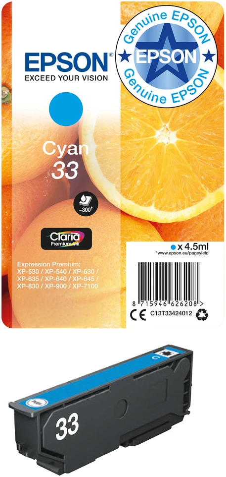 Epson rašalo kasetė žalsvai mėlyna Claria Premium 33 T 3342
