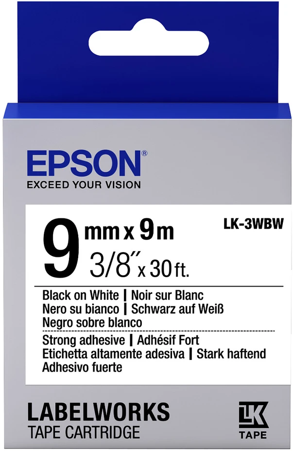 Epson LK-3WBW (C53S653007) Ženklinimo juostos kasetė, Strong Adhesive, Juodas on Baltas 9mm, 9m