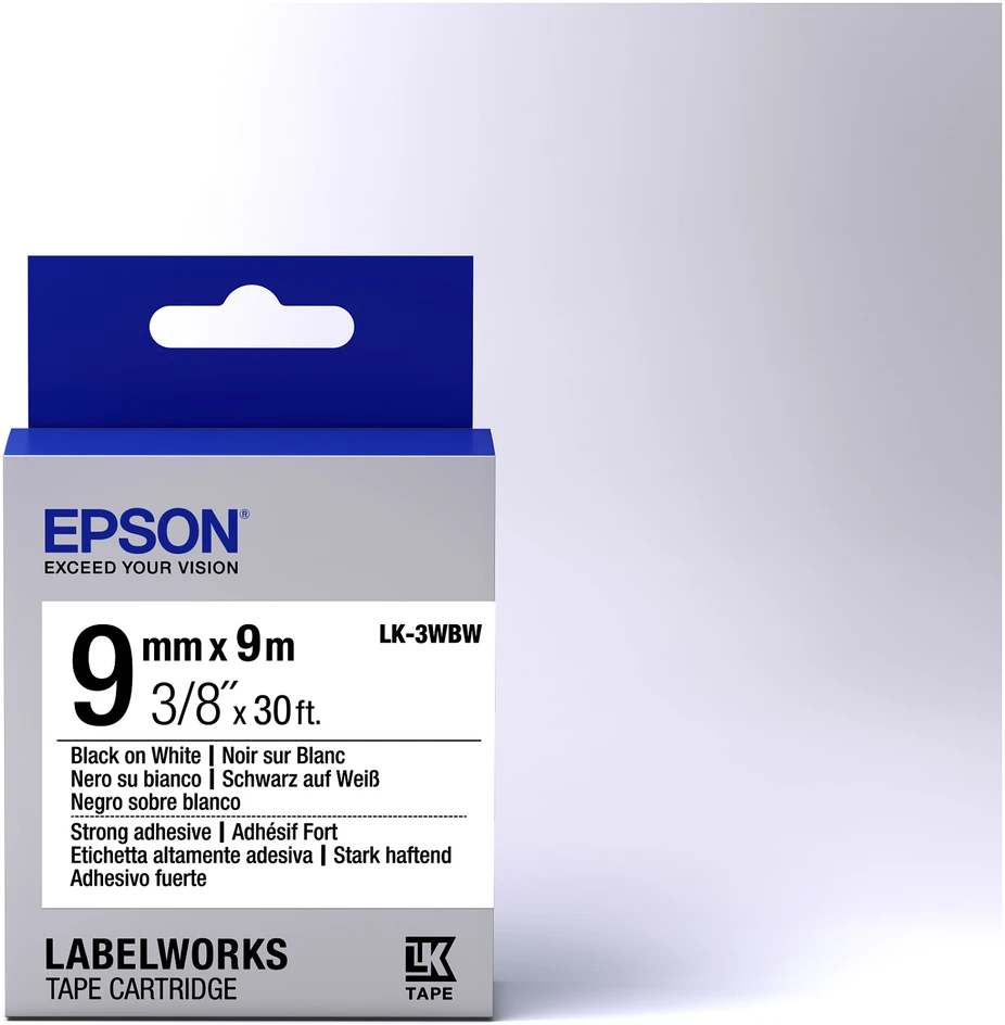 Epson LK-3WBW (C53S653007) Ženklinimo juostos kasetė, Strong Adhesive, Juodas on Baltas 9mm, 9m