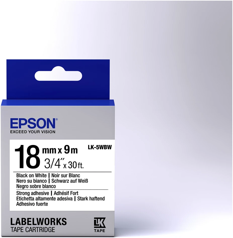 Epson Label Cartridge LK-5WBW Strong Adhesive Juodas ant Balto 18mm (9m)