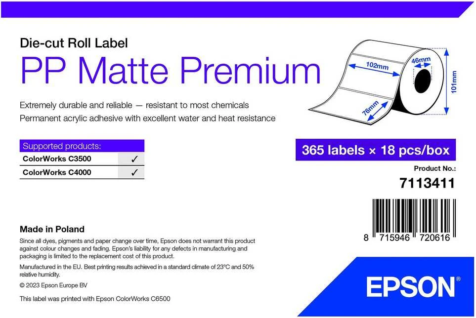 Epson PP MATTE ETIKETĖS PREM DIE-CUT/ROLL 102X76MM 365 ETIKETĖS