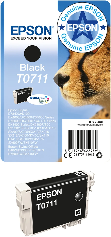 EPSON T0711 rašalo kasetė juodas standartinės talpos 7,4 ml 1 pakuotės lizdinė plokštelė be signalizacijos