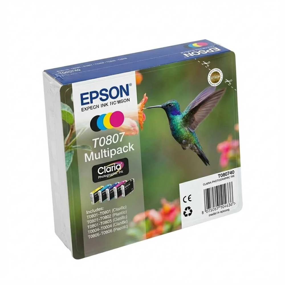 Epson Multipack 6 spalvų T0807 Claria fotografijos rašalo kasetė, Juodas, žydra, šviesiai žalsvai mėlyna, rausvai raudona, šviesiai purpurinė, geltona