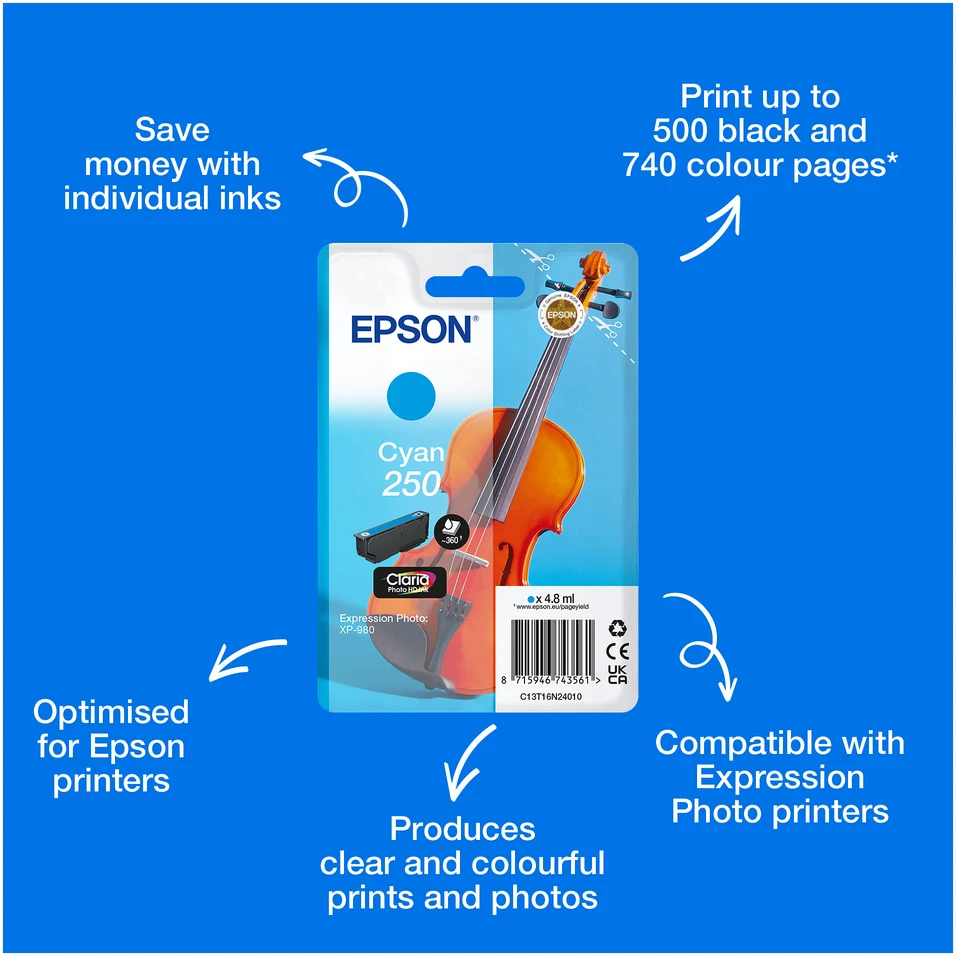 Tusz Epson 250 - 4.8 ml - Cyan - original - opakowanie blistrowe - kartridż su tuszem - fur P/N: C11CL95402