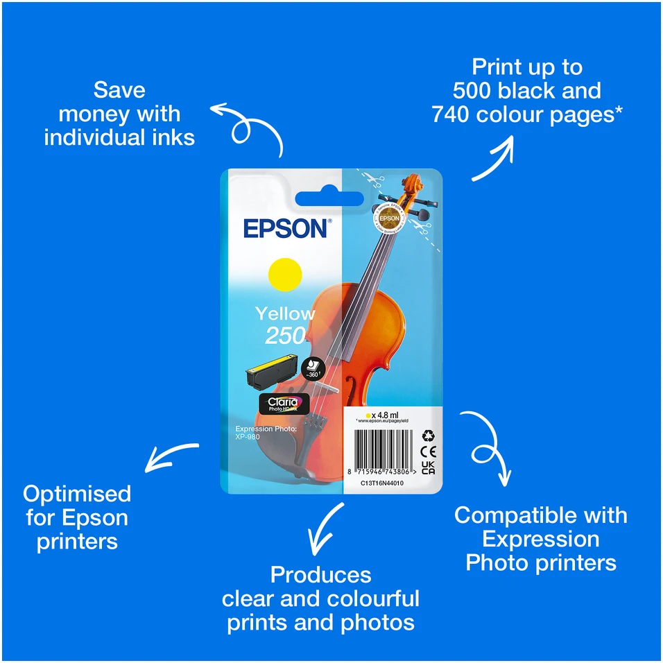 Tusz Epson 250 - 4.8 ml - Geltonas - original - opakowanie blistrowe - kartridż su tuszem - do P/N: C11CL95402