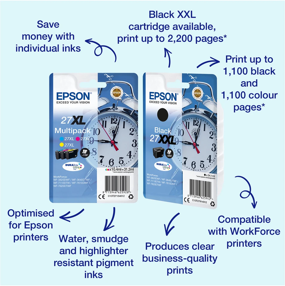 Epson Singlepack Juodas 27XXL DURABrite Ultra Ink - Original - Pigmento pagrindo rašalas - Juodas - Epson - - WorkForce WF-7720DTWF - WorkForce WF-7715DWF - WorkForce WF-7710DWF - WorkForce WF-7620DWF -...s -)1WT