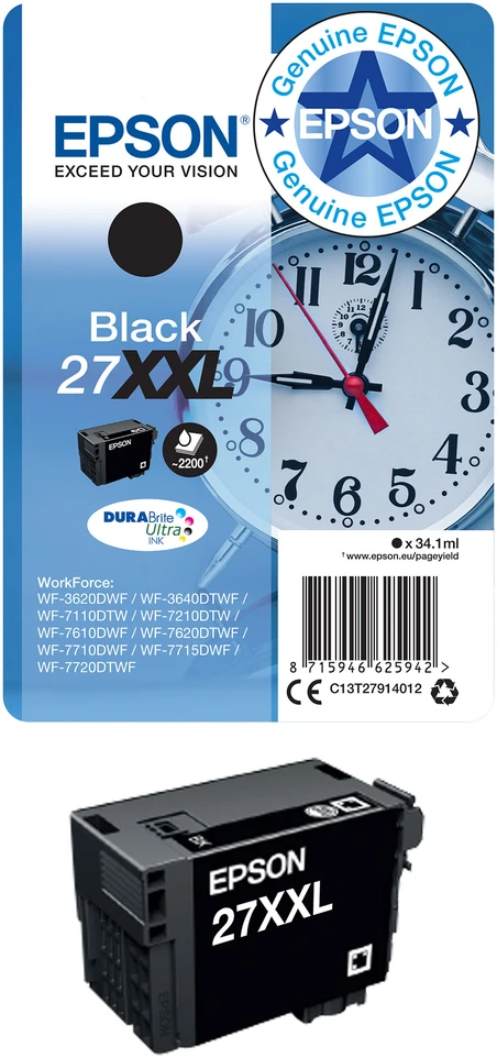 Epson Singlepack Juodas 27XXL DURABrite Ultra Ink - Original - Pigmento pagrindo rašalas - Juodas - Epson - - WorkForce WF-7720DTWF - WorkForce WF-7715DWF - WorkForce WF-7710DWF - WorkForce WF-7620DWF -...s -)1WT