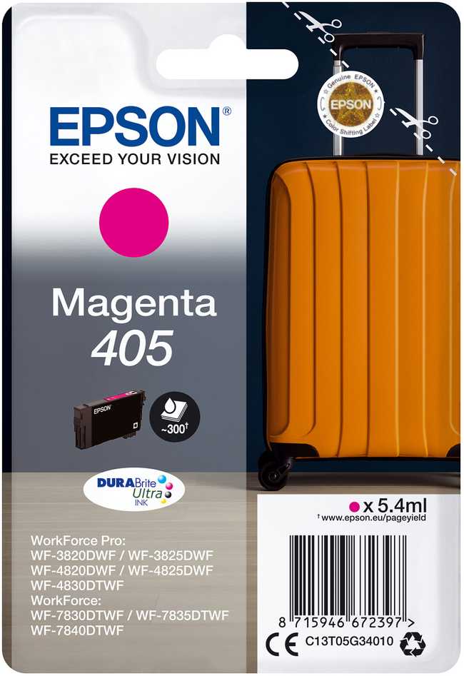 Epson 405 – 5,4 ml – rausvai raudona – originali – blisterinė pakuotė su RF/garsiniu signalu – rašalo kasetė – skirta „WorkForce WF-7310, 7830, 7835, 7840“, „WorkForce Pro WF-3820, 3825, 4820, 4825, 4830“