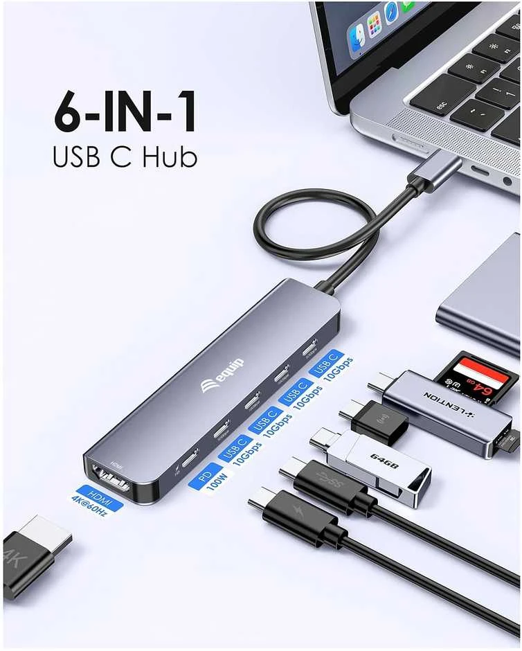 Equip 6-in-1 USB-C šakotuvas su jungčių žymėjimu