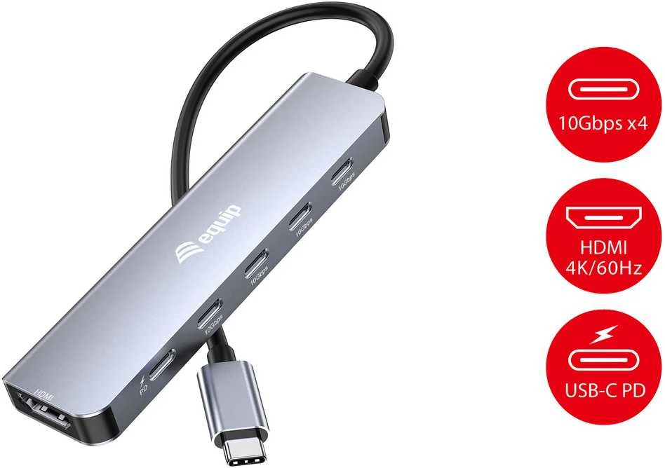 Equip 133499 knyginių kompiuterių dokas / jungčių replikatorius Vielinis USB 3.2 Gen 2 (3.1 Gen 2) Type-C Pilka