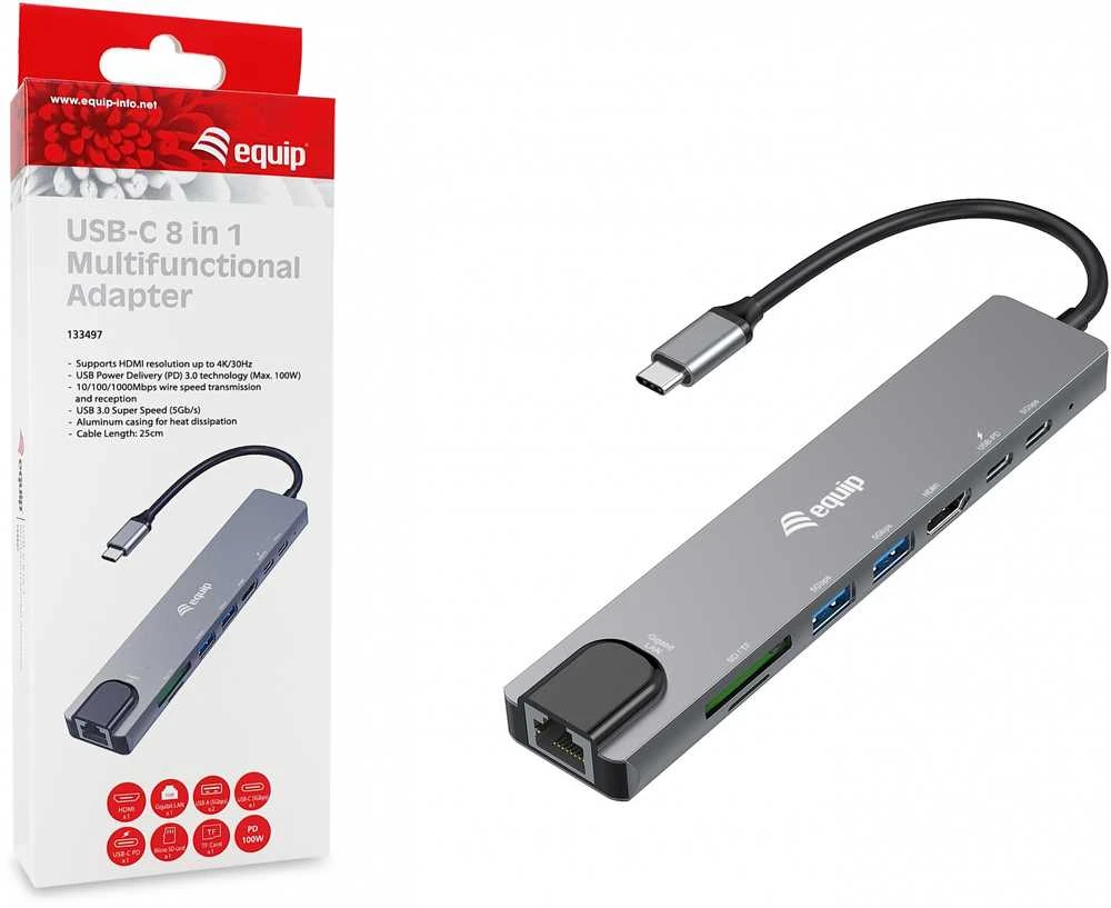 Equip 133497 knyginių kompiuterių dokas / jungčių replikatorius Vielinis C tipo USB Juoda, Pilka