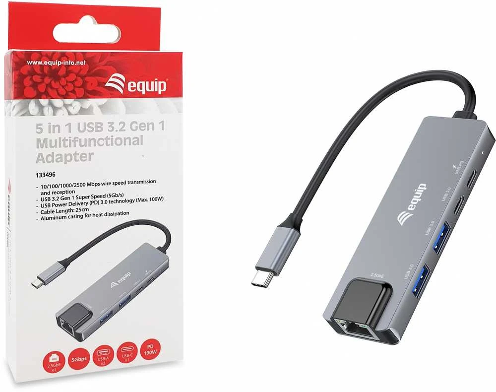 Equip 133496 knyginių kompiuterių dokas / jungčių replikatorius Vielinis USB 3.2 Gen 1 (3.1 Gen 1) Type-C Pilka