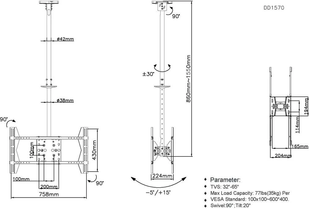 Laikiklis Equip įrengti 32"–65" ant lubų tvirtinamą dviejų ekranų televizoriaus laikiklį – viešas ekranas – 80 kg – 81,3 cm (32 colių) – 165,1 cm (65 colių) – 100 x 100 mm – 600 x 400 mm