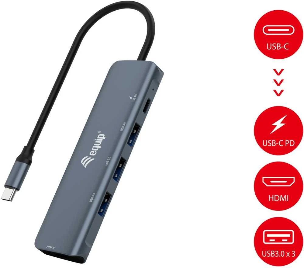 Adapteris AV Equip Equip Dock USB-C->HDMI,3xUSB3.0,100WPD 4K30Hz 0.25m gr