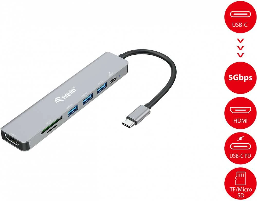 Equip USB-C adapteris su jungčių funkcijų aprašymu