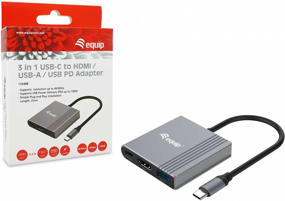 Adapteris AV Equip Equip Dock USB-C->HDMI,USB3.0,100WPD 4K60Hz 0.15m gr