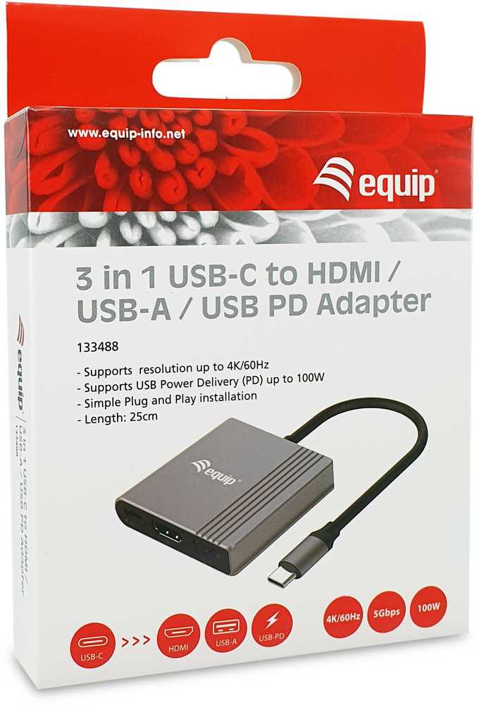 Adapteris AV Equip Equip Dock USB-C->HDMI,USB3.0,100WPD 4K60Hz 0.15m gr