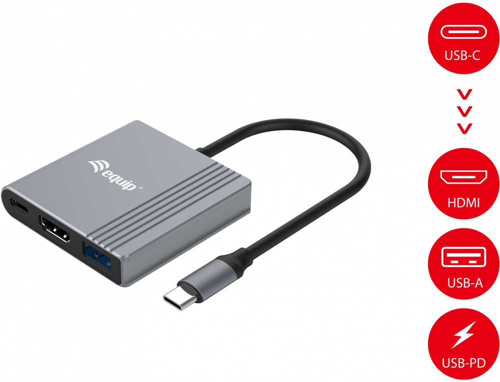 Adapteris AV Equip Equip Dock USB-C->HDMI,USB3.0,100WPD 4K60Hz 0.15m gr